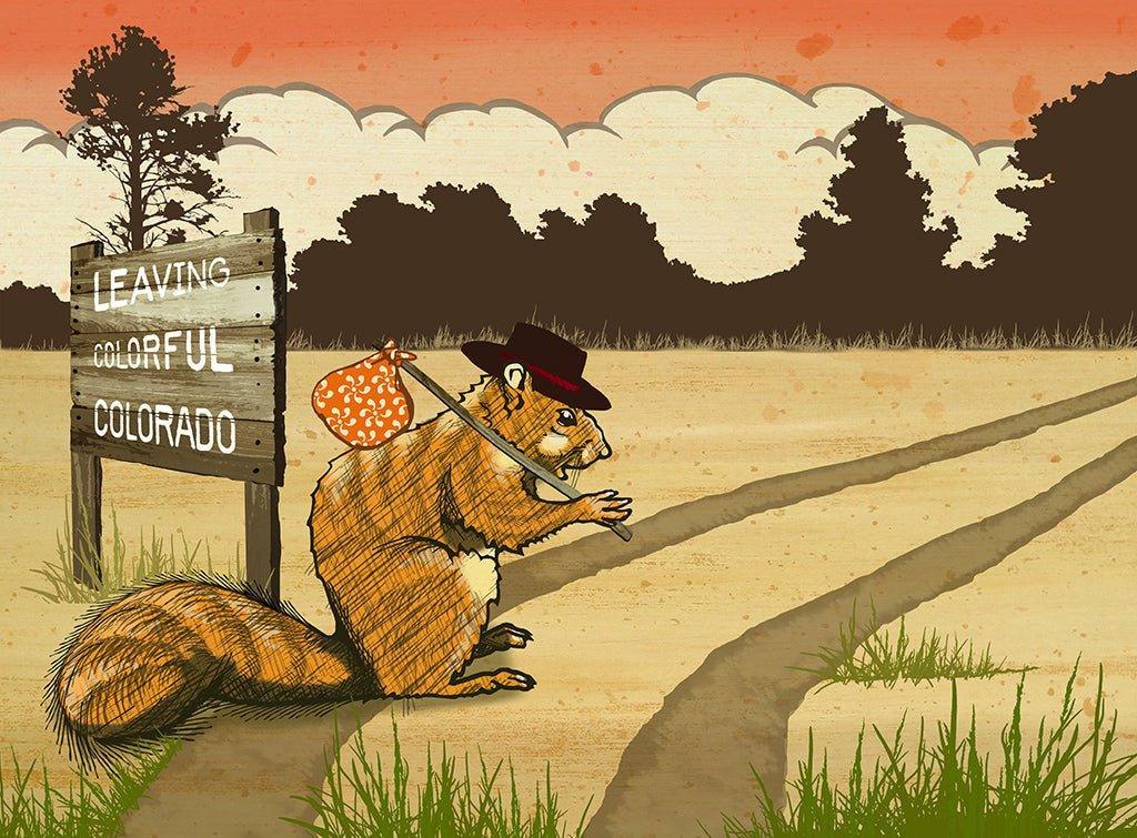 Whimsical Colorado Art Print featuring Hobo Squirrel - 8x10 or 11x14 Inches
