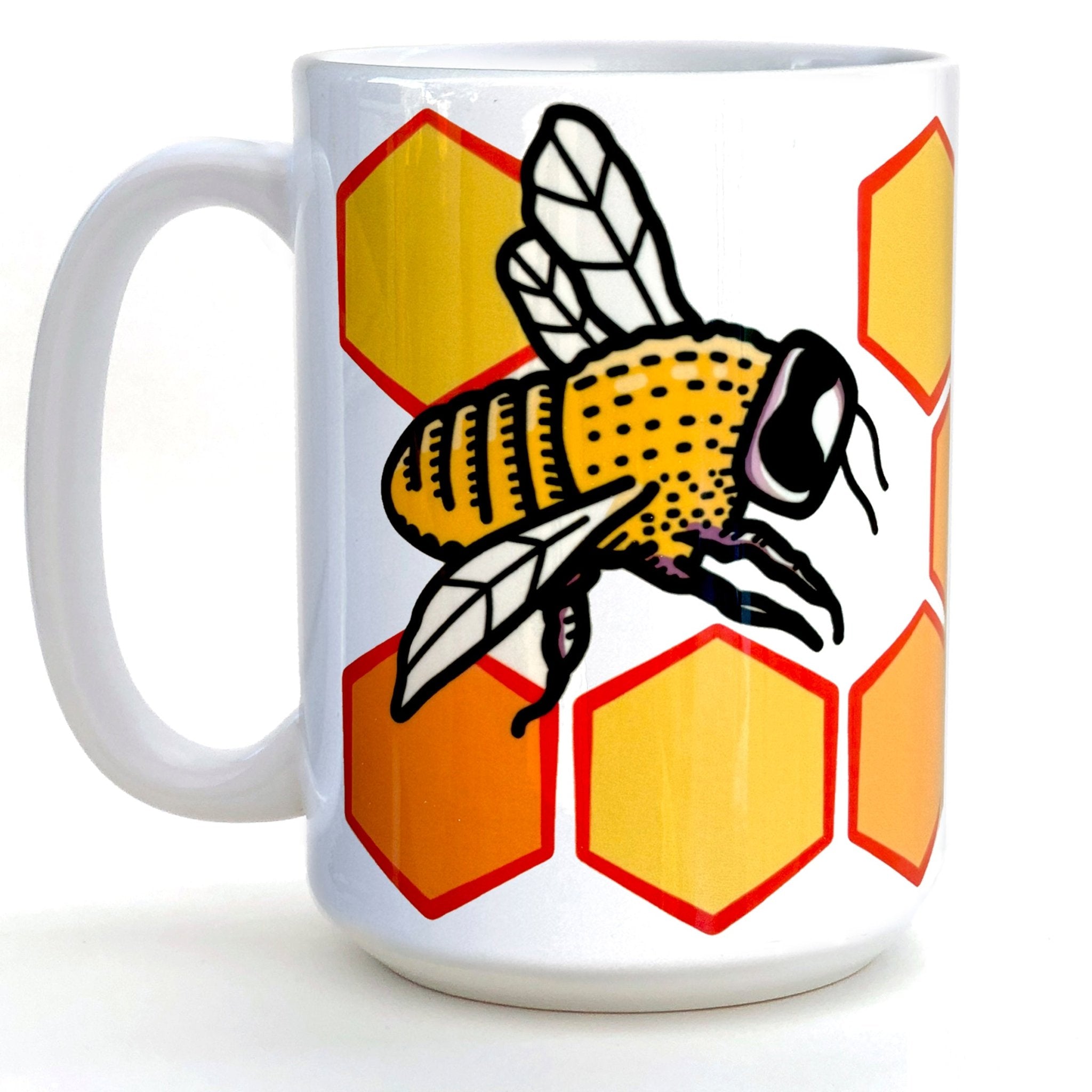 Honeybee Coffee Mug - 15 Oz Heavy-Duty Ceramic featuring a vibrant honeybee design on a hexagonal background, perfect for brightening your mornings.
