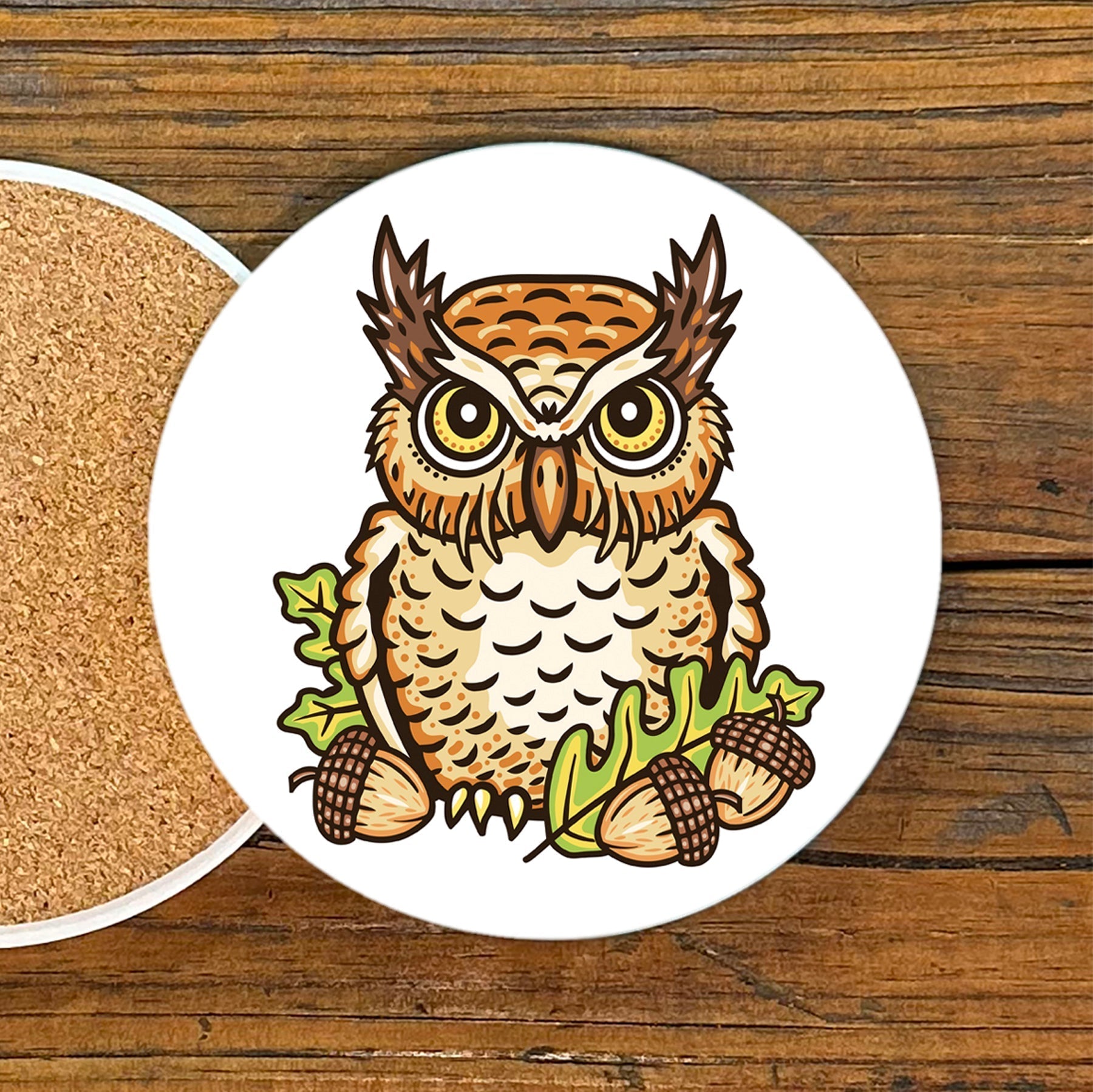 Horned Owl illustrated coaster by Two Little Fruits