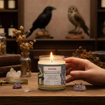 A hand is holding a lit candle labeled "THE RITUAL" on a wooden surface, surrounded by various crystals, dried flowers, and a bird statue.