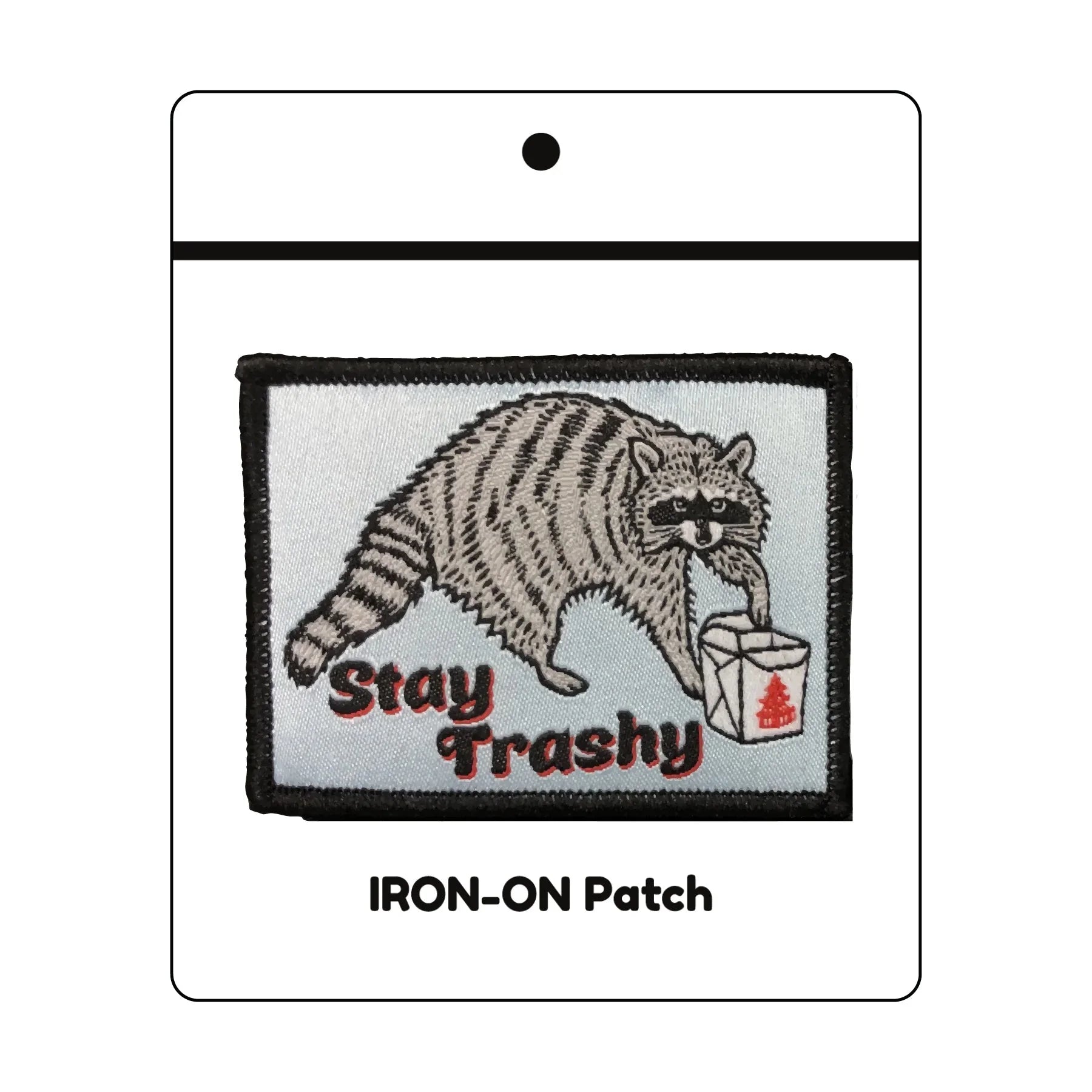Stay Trashy Raccoon illustrated woven patch by Two Little Fruits