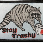 Iron On Patch – Stay Trashy Raccoon Woven Embroidered Custom Jacket Accessory - Patch - Two Little Fruits - Two Little Fruits