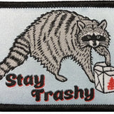 Iron On Patch – Stay Trashy Raccoon Woven Embroidered Custom Jacket Accessory - Patch - Two Little Fruits - Two Little Fruits
