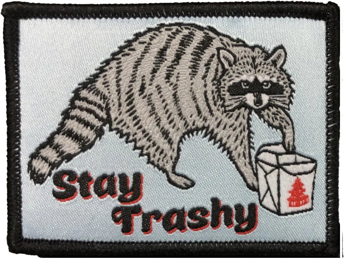 Iron On Patch – Stay Trashy Raccoon Woven Embroidered Custom Jacket Accessory - Patch - Two Little Fruits - Two Little Fruits