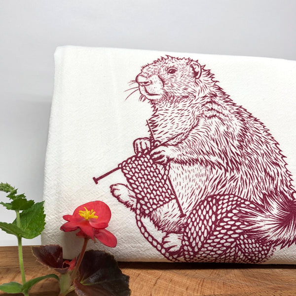 Unique Knitting Kitchen Towel with a hand-illustrated knitting marmot design by Two Little Fruits, great for gifting and home decor.