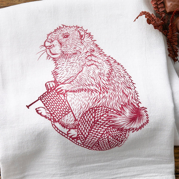 Cheerful Knitting Kitchen Towel featuring an adorable raspberry knitting marmot design, perfect for adding a playful touch to your kitchen.
