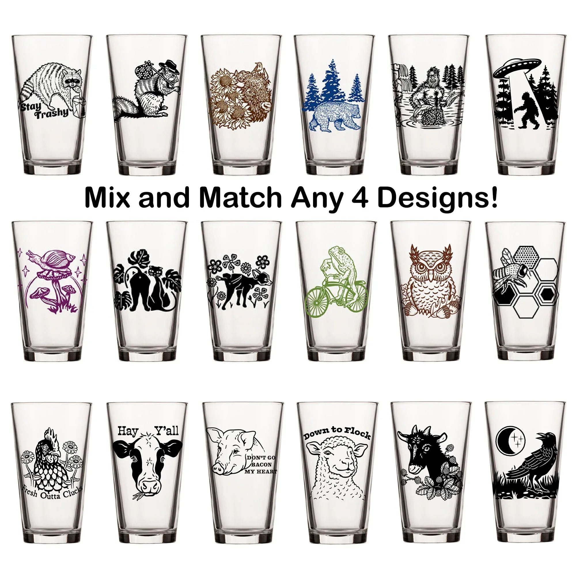 Mix And Match 4 Unique illustrated pint glass by Two Little Fruits