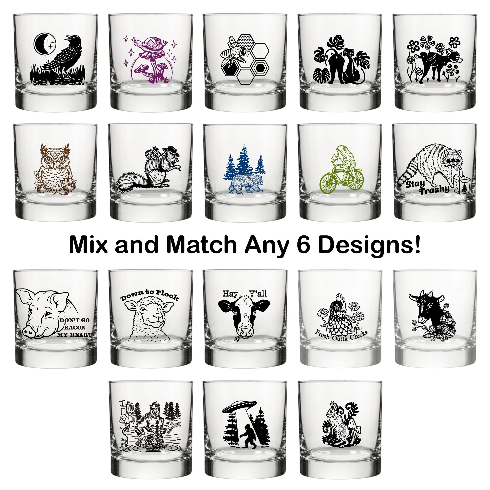 Mix and Match Your Own 6 Unique illustrated rocks glass by Two Little Fruits