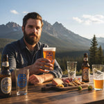A bearded man sits at a wooden table, holding a glass of beer and surrounded by various food items and beer bottles, with a scenic mountain landscape in the background.