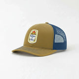 A tan baseball cap with a blue mesh panel on the side, featuring a logo that says "Nature and Style".