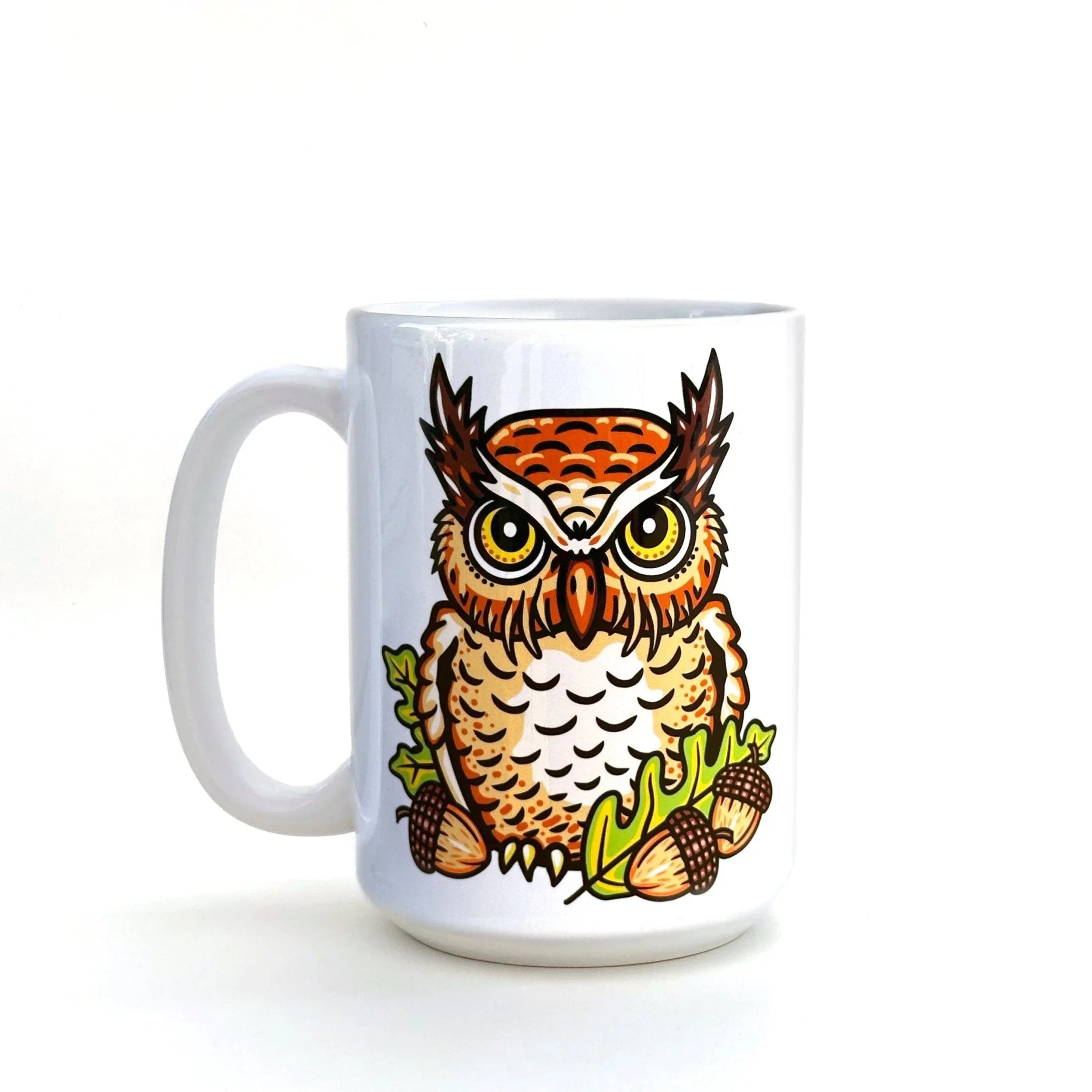 owl illustrated ceramic mug 15 oz by Two Little Fruits