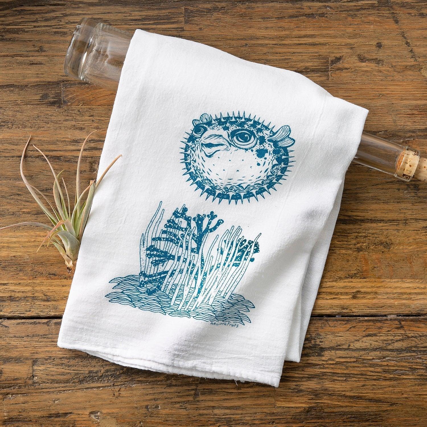 Pufferfish Tea Towel - 100Cotton, Eco - Friendly, Hand - Illustrated Kitchen Towel, 28x29" - Tea Towels - Two Little Fruits - Two Little Fruits