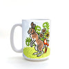 Cute Rabbit Coffee Mug - 15 Oz Heavy-Duty Ceramic, showcasing a playful rabbit illustration with floral elements, ideal for coffee lovers seeking a whimsical mug.