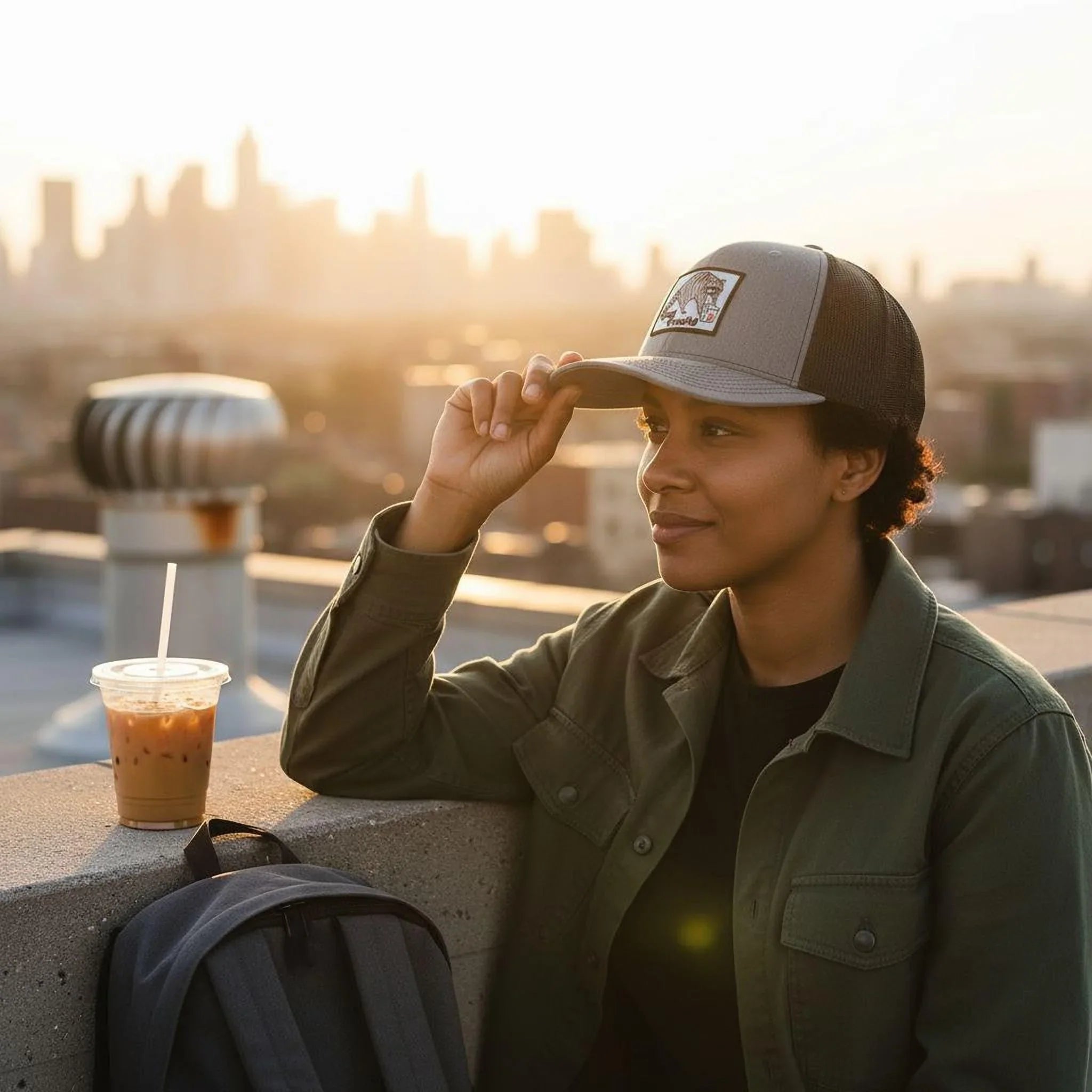 A person wearing a gray baseball cap and a green jacket is sitting on a ledge, looking out at a city skyline at sunset.