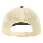 A beige baseball cap with a mesh pattern and a green button on the front.
