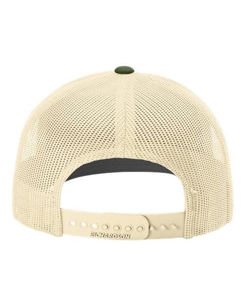 A beige baseball cap with a mesh pattern and a green button on the front.