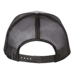 the back of a black mesh baseball cap with a black strap.