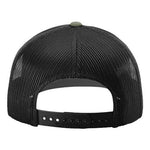 A black mesh baseball cap with a green logo on the front.