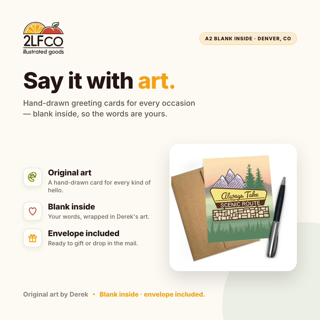 Scenic Route Greeting Card — illustrated by Two Little Fruits, made in Denver