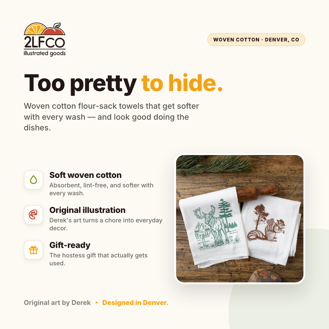 Moose Squirrel Tea Towel — illustrated by Two Little Fruits, made in Denver