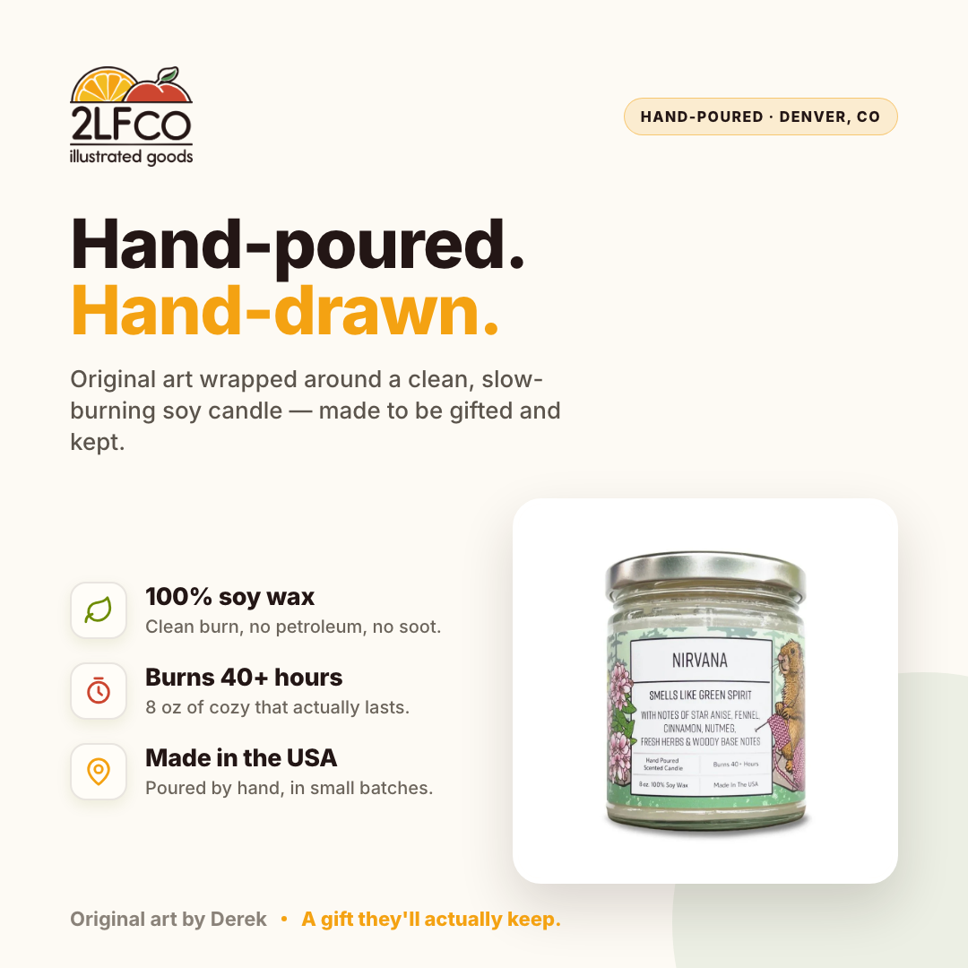 Nirvana Soy Candle — Star Anise, Fennel & Cinnamon — illustrated by Two Little Fruits, made in Denver