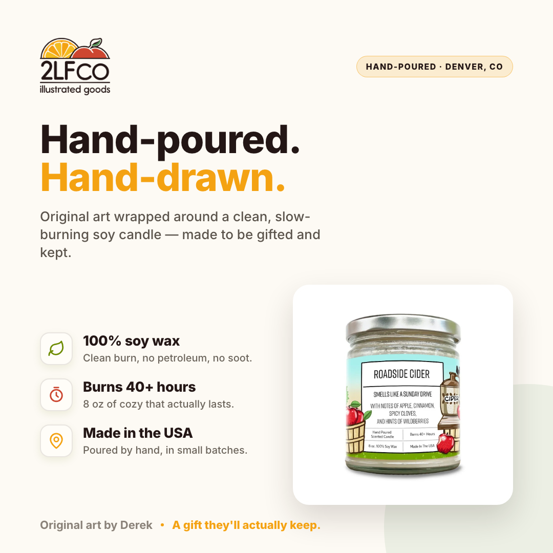 Roadside Cider Soy Candle — Apple, Cinnamon & Clove — illustrated by Two Little Fruits, made in Denver