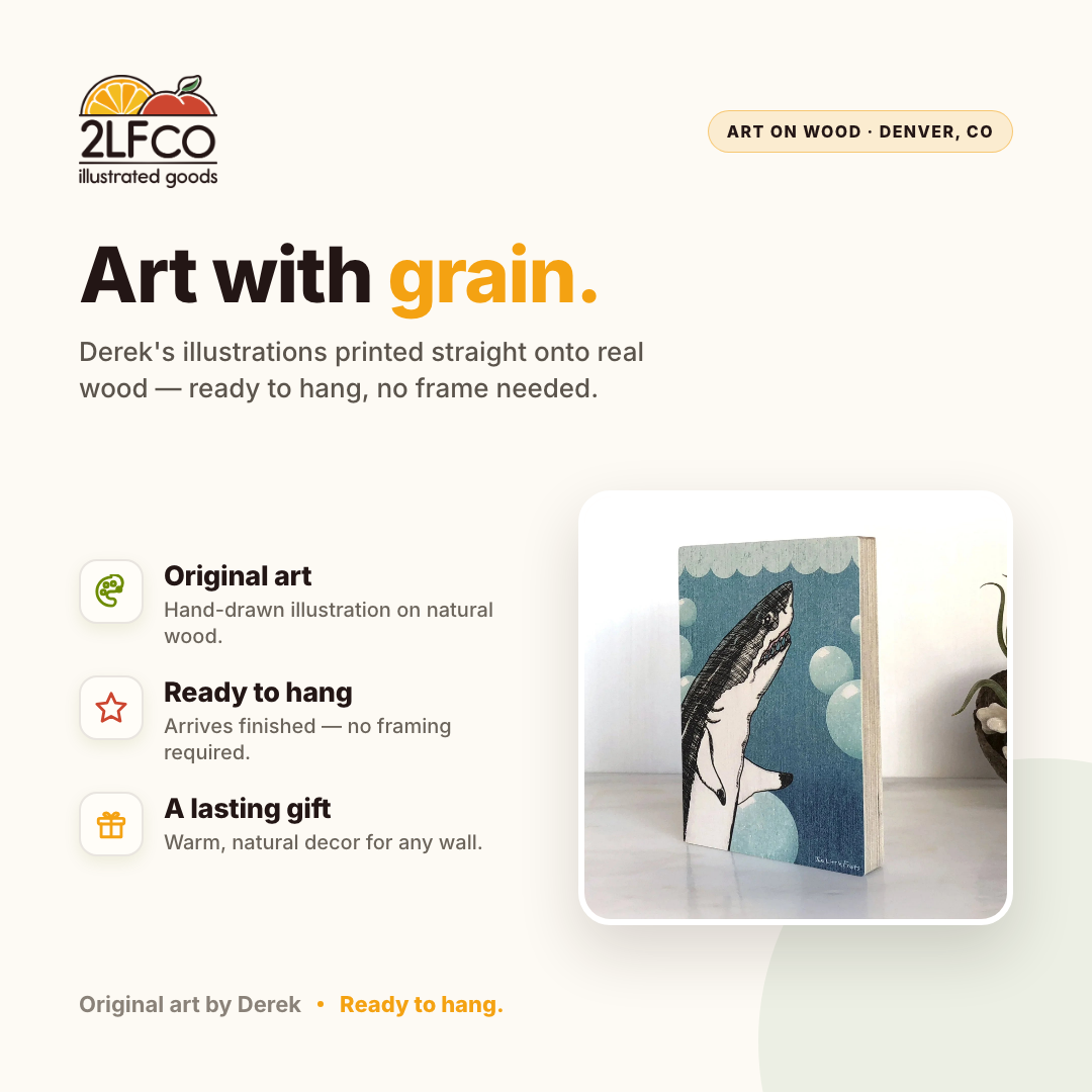 Bubbles The Shark 4x6 Wood Art Print — illustrated by Two Little Fruits, made in Denver