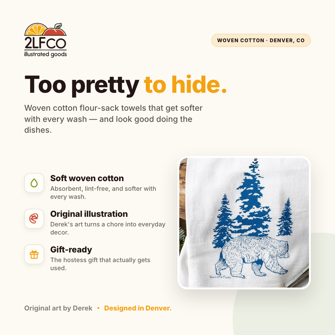Bear Tea Towel — Screen Printed 100% Cotton Kitchen Towel 28x29" — illustrated by Two Little Fruits, made in Denver