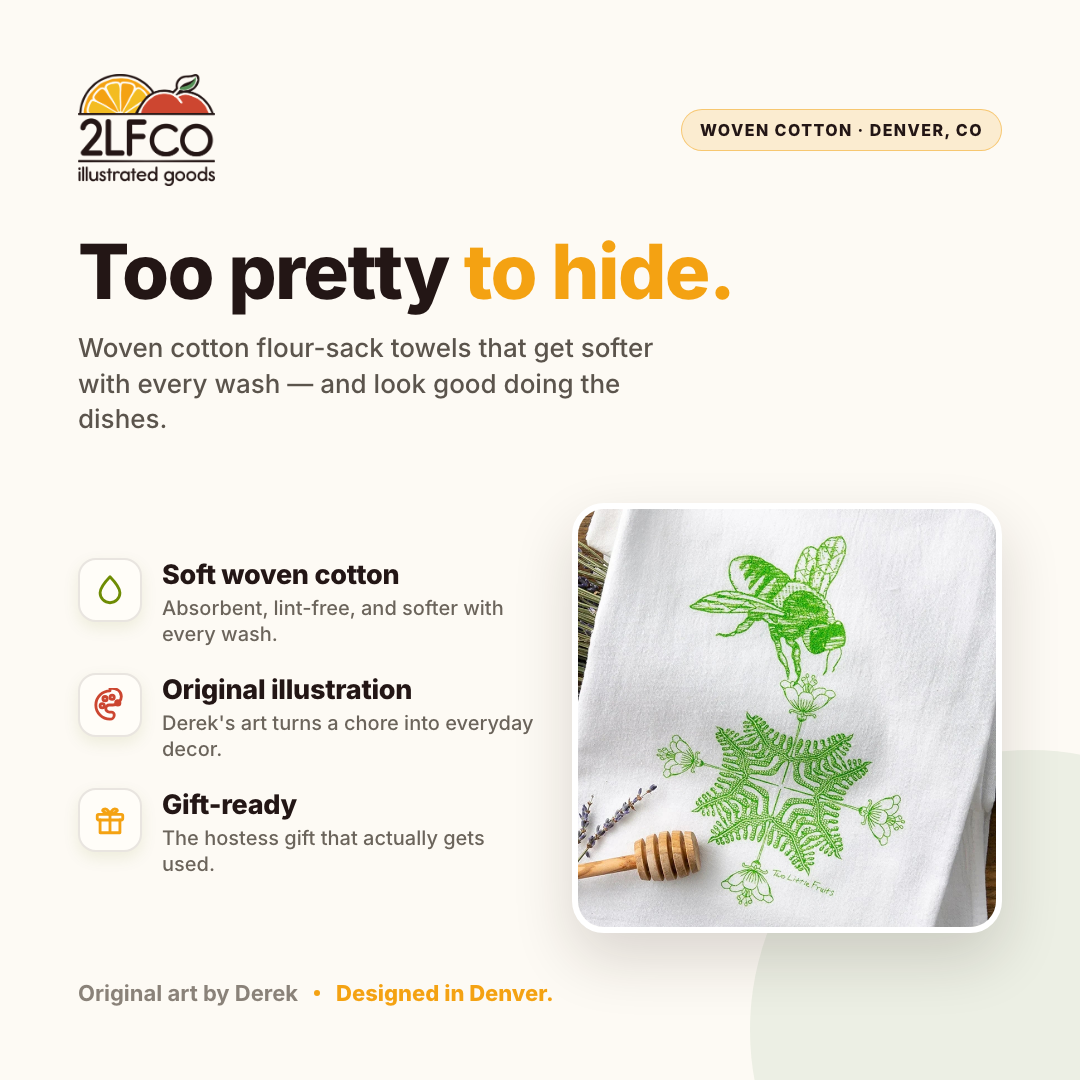 Bee Tea Towel — Screen Printed 100% Cotton Kitchen Towel 28x29" — illustrated by Two Little Fruits, made in Denver