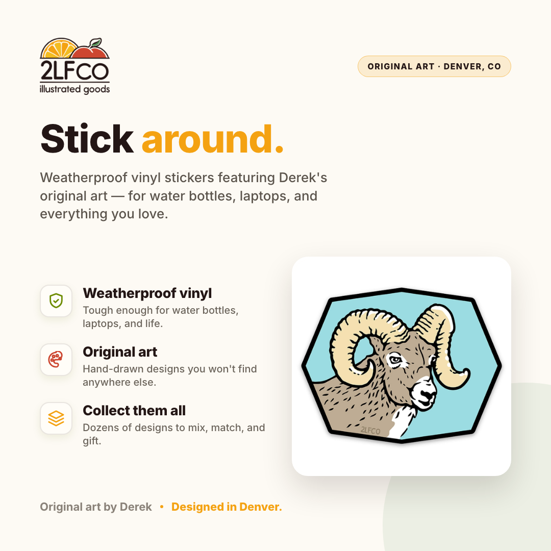 Bighorn Ram Weatherproof Vinyl Sticker — illustrated by Two Little Fruits, made in Denver