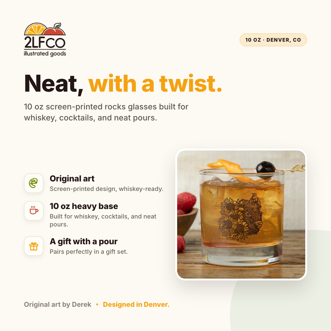 Bison & Sunflower Rocks Glass — illustrated by Two Little Fruits, made in Denver