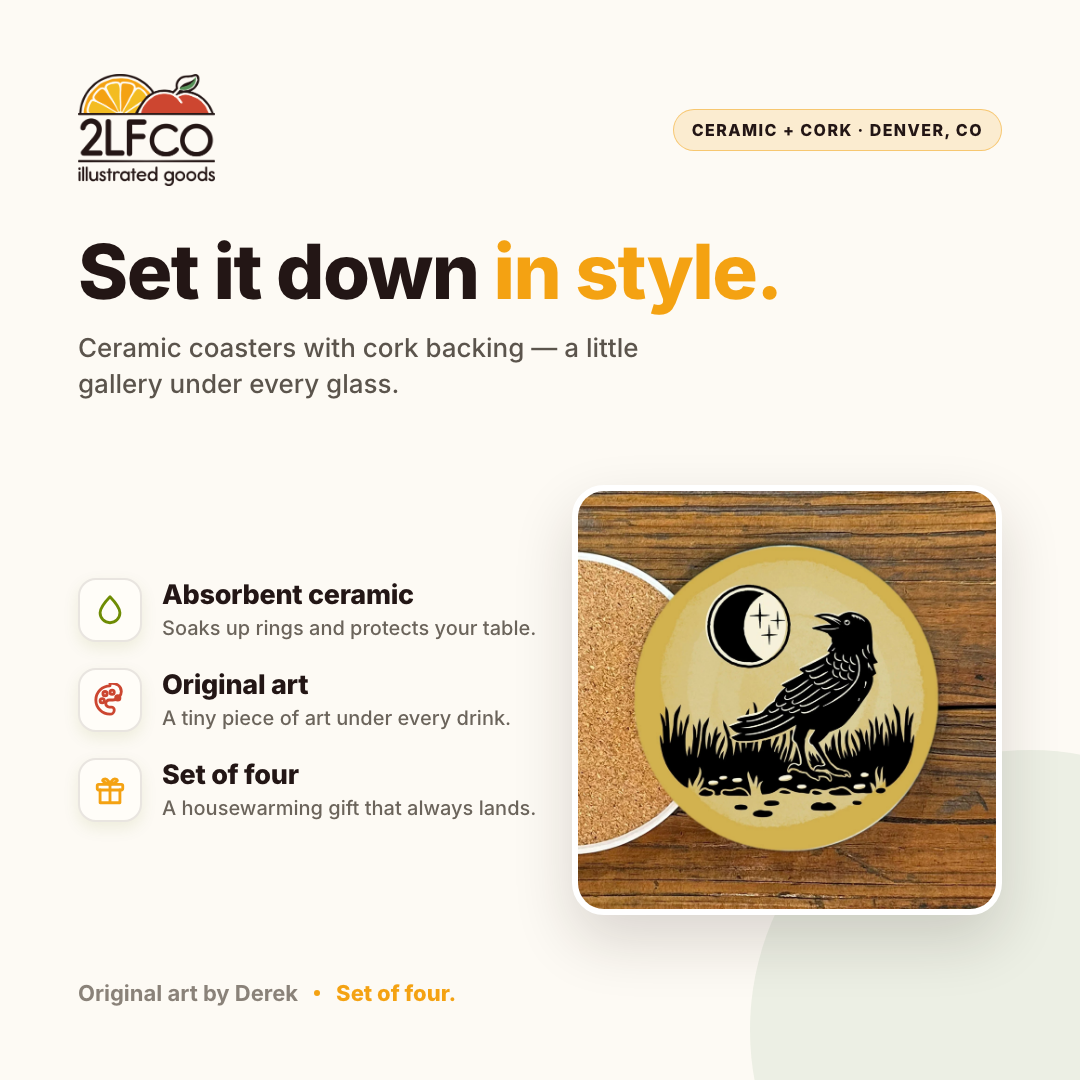 Black Crow Coaster — illustrated by Two Little Fruits, made in Denver