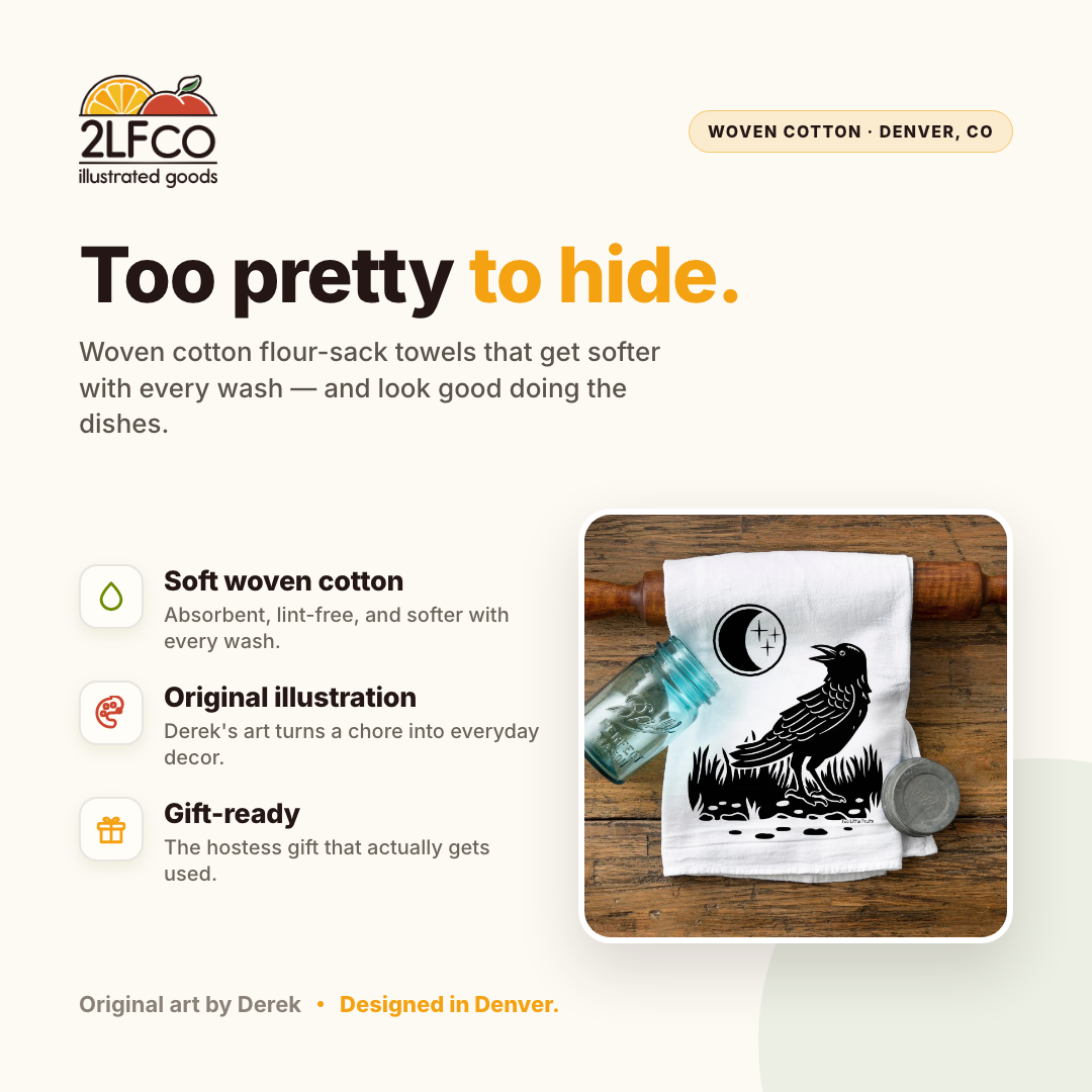 Black Crow Tea Towel — illustrated by Two Little Fruits, made in Denver