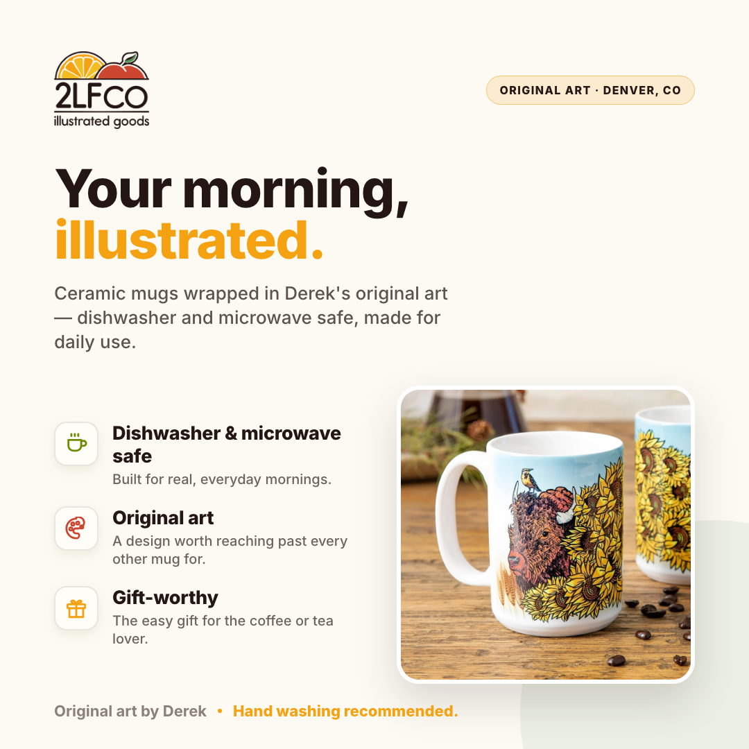 Buffalo Ceramic Mug — 15oz — illustrated by Two Little Fruits, made in Denver