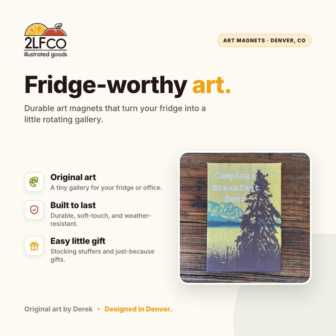 Camping Breakfast Beer Fridge Magnet — illustrated by Two Little Fruits, made in Denver