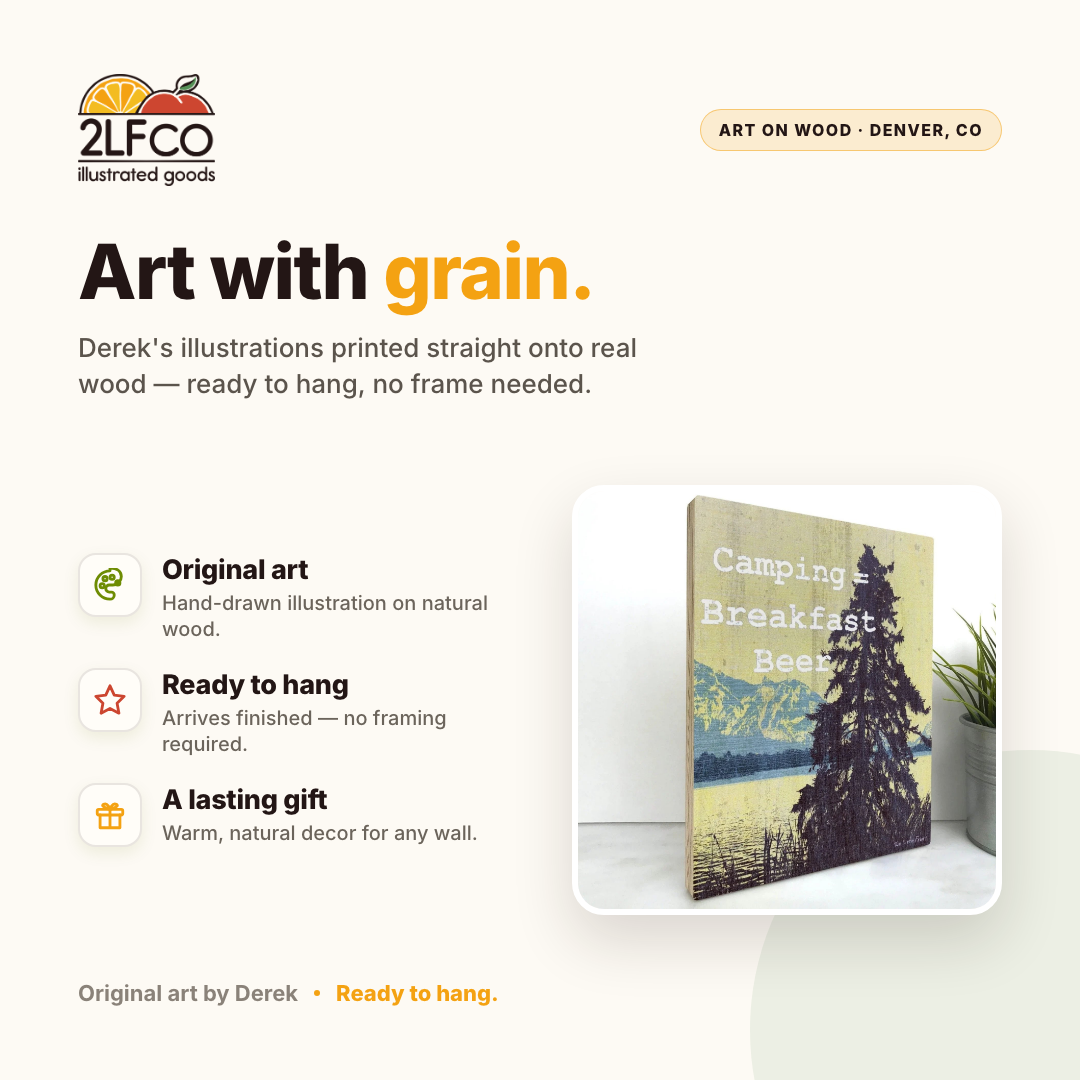 Camping Decor Ideas: Unique 8x10 Breakfast Beer Wood Art Print — illustrated by Two Little Fruits, made in Denver