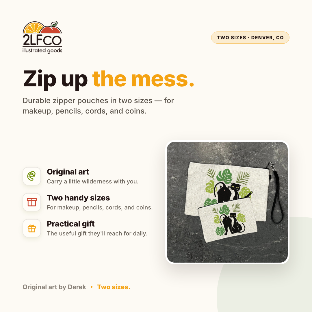 Stylish Cat Zipper Pouch — illustrated by Two Little Fruits, made in Denver