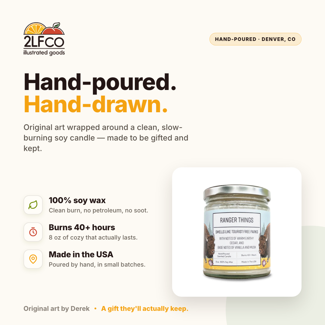 Cedar Soy Candle — Cedar, Vanilla & Musk — illustrated by Two Little Fruits, made in Denver