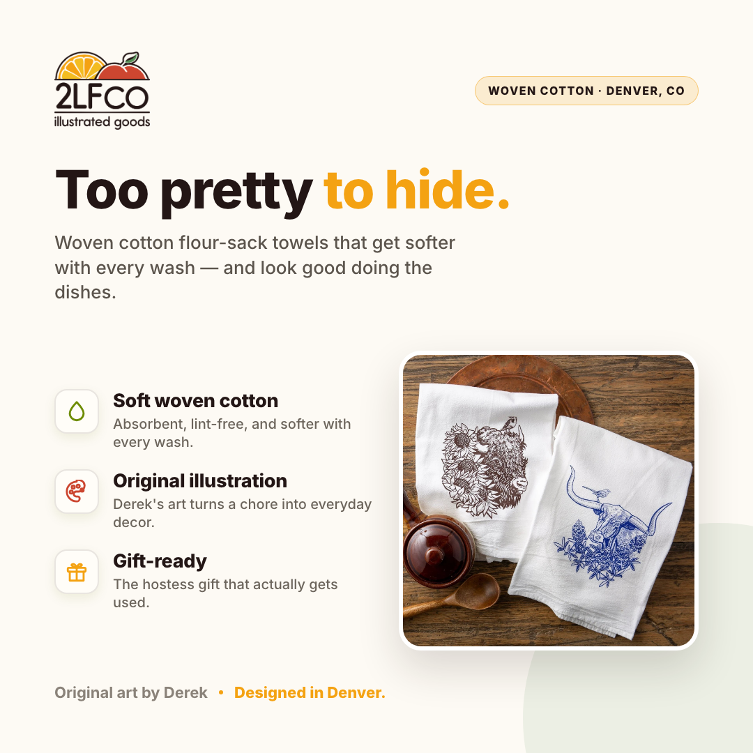 Bison & Longhorn Tea Towel Set — 100% Cotton — illustrated by Two Little Fruits, made in Denver