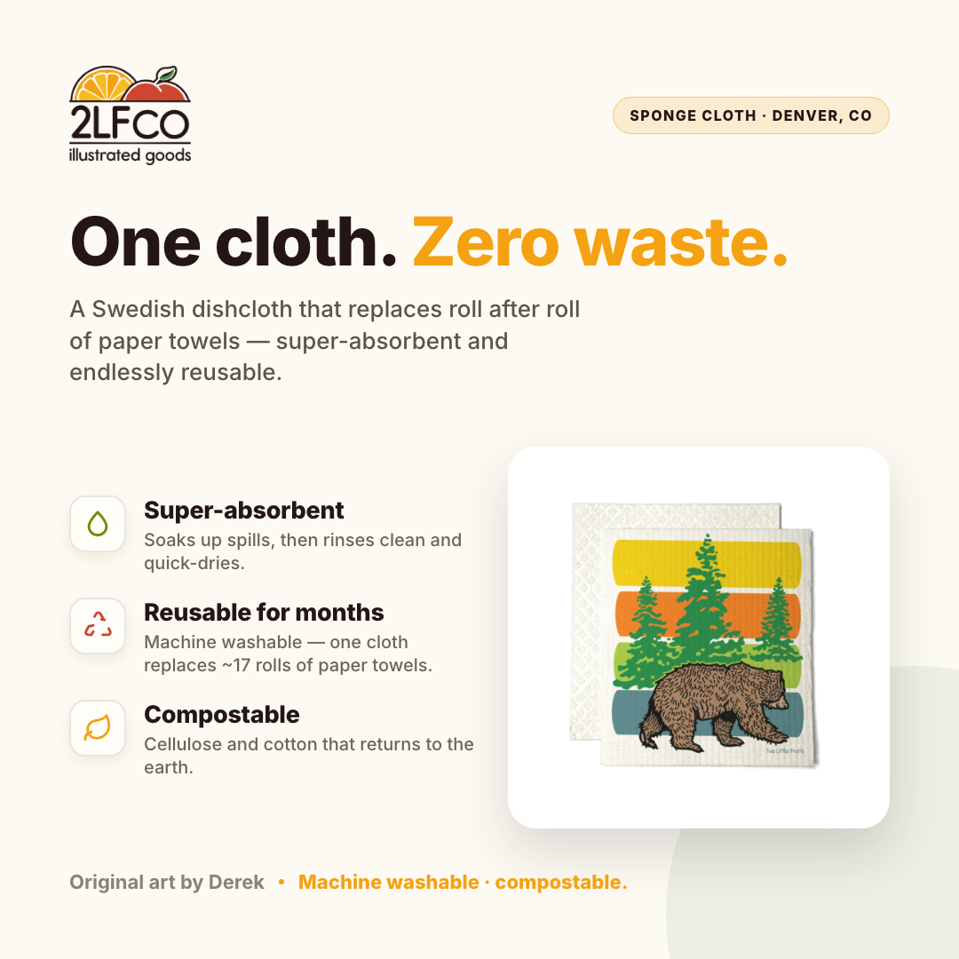 Bear Swedish Dishcloth — Eco-Friendly Reusable Paper Towel Alternative — illustrated by Two Little Fruits, made in Denver