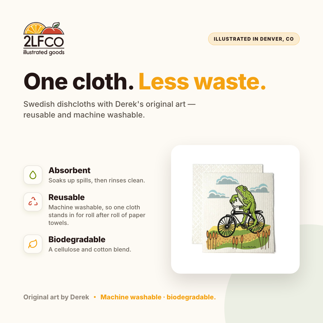 Frog on a Bike Swedish Dishcloth — Eco Reusable Cleaning Cloth — illustrated by Two Little Fruits, designed in Denver