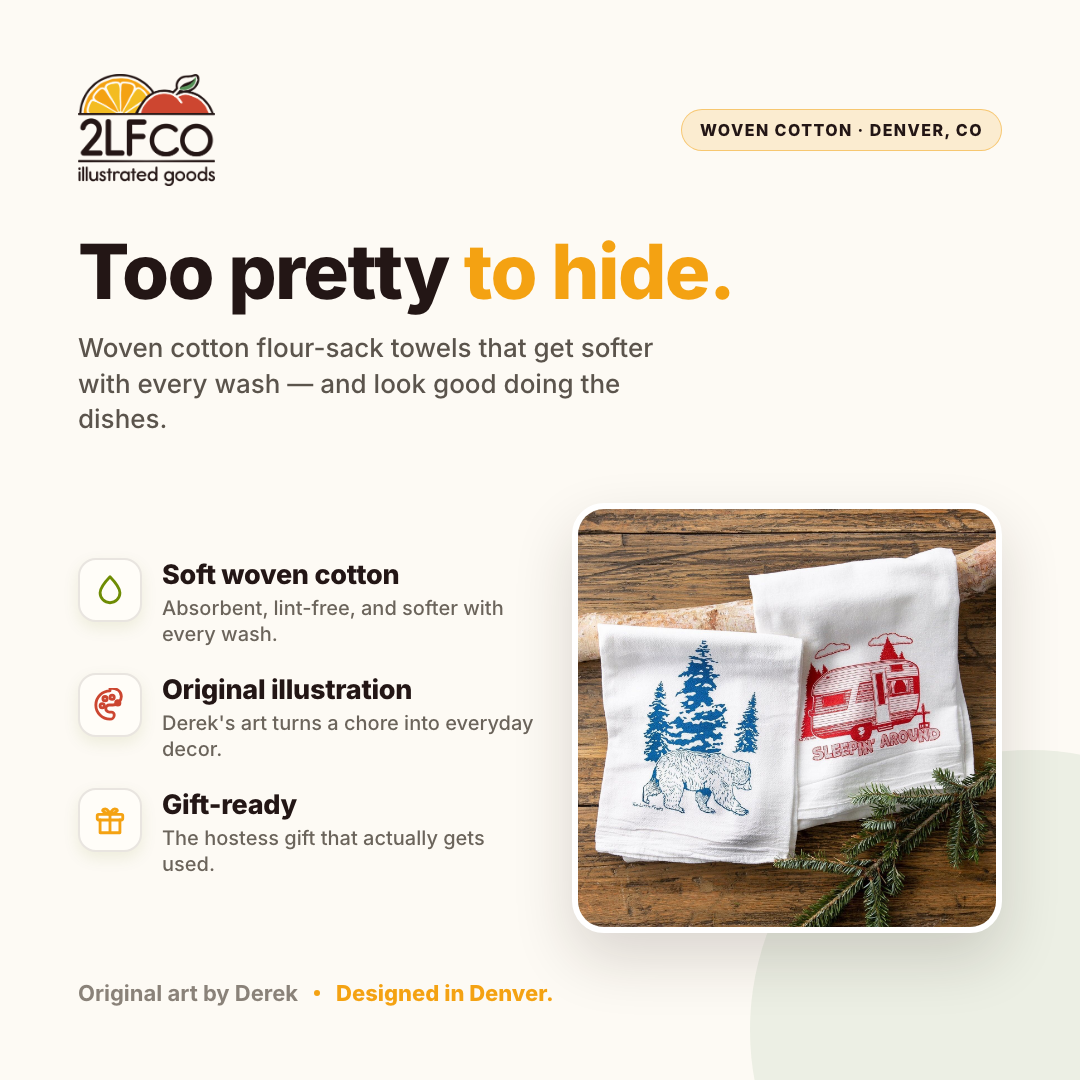 Sleepin' Around Tea Towel — illustrated by Two Little Fruits, made in Denver