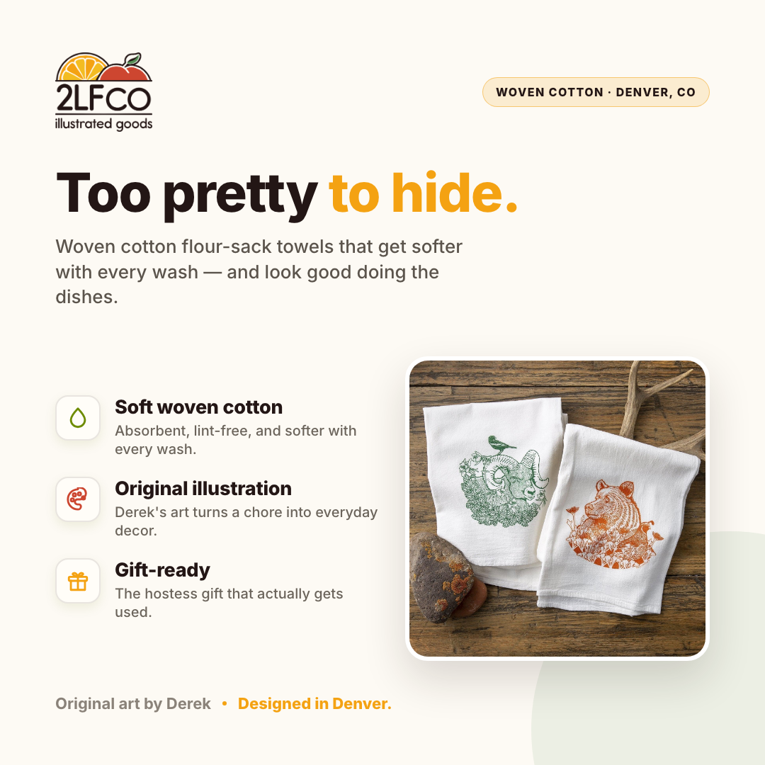 Tea Towel Gift Set — Hand-Drawn 100% Cotton — illustrated by Two Little Fruits, made in Denver