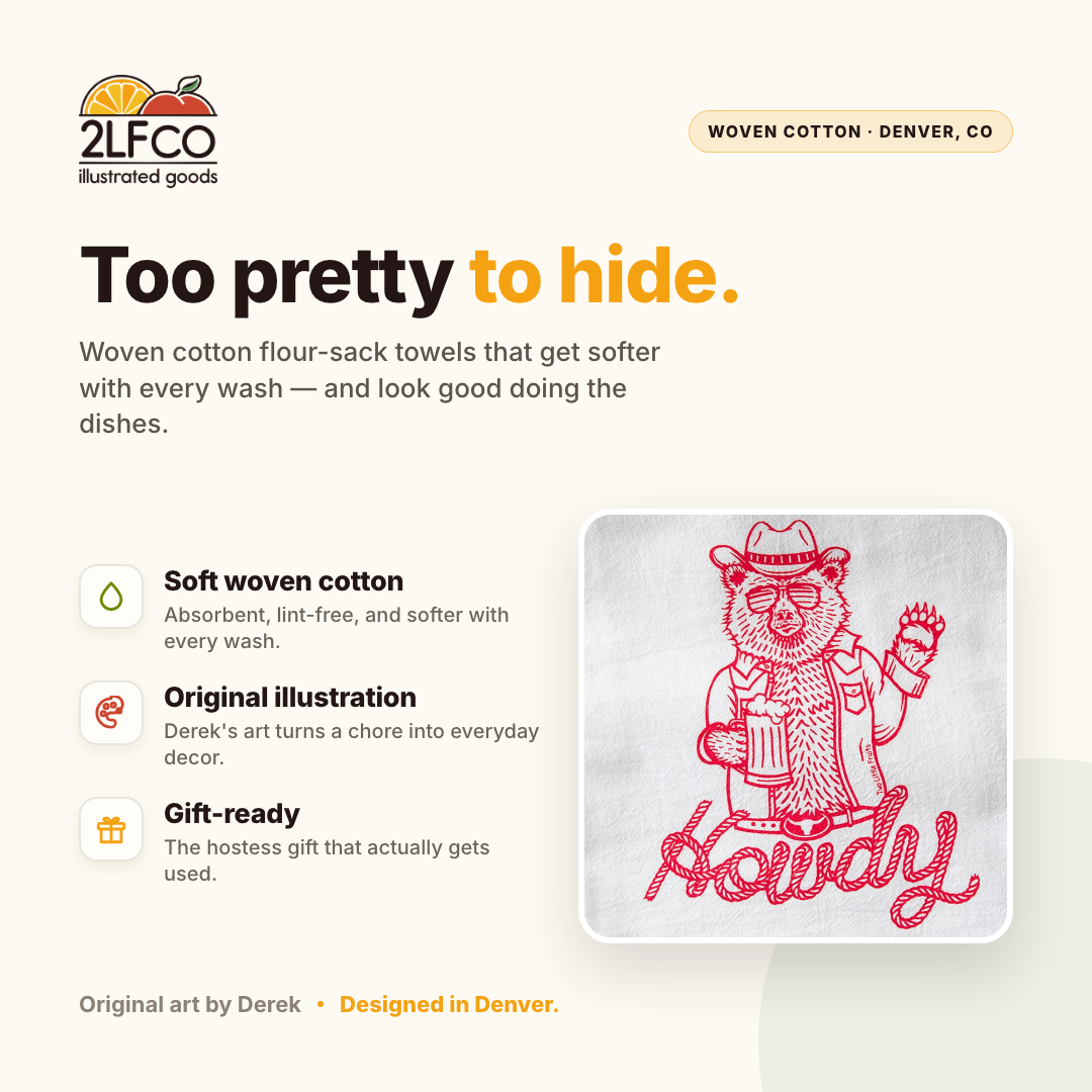Cheerful Cowboy Bear Tea Towel — illustrated by Two Little Fruits, made in Denver
