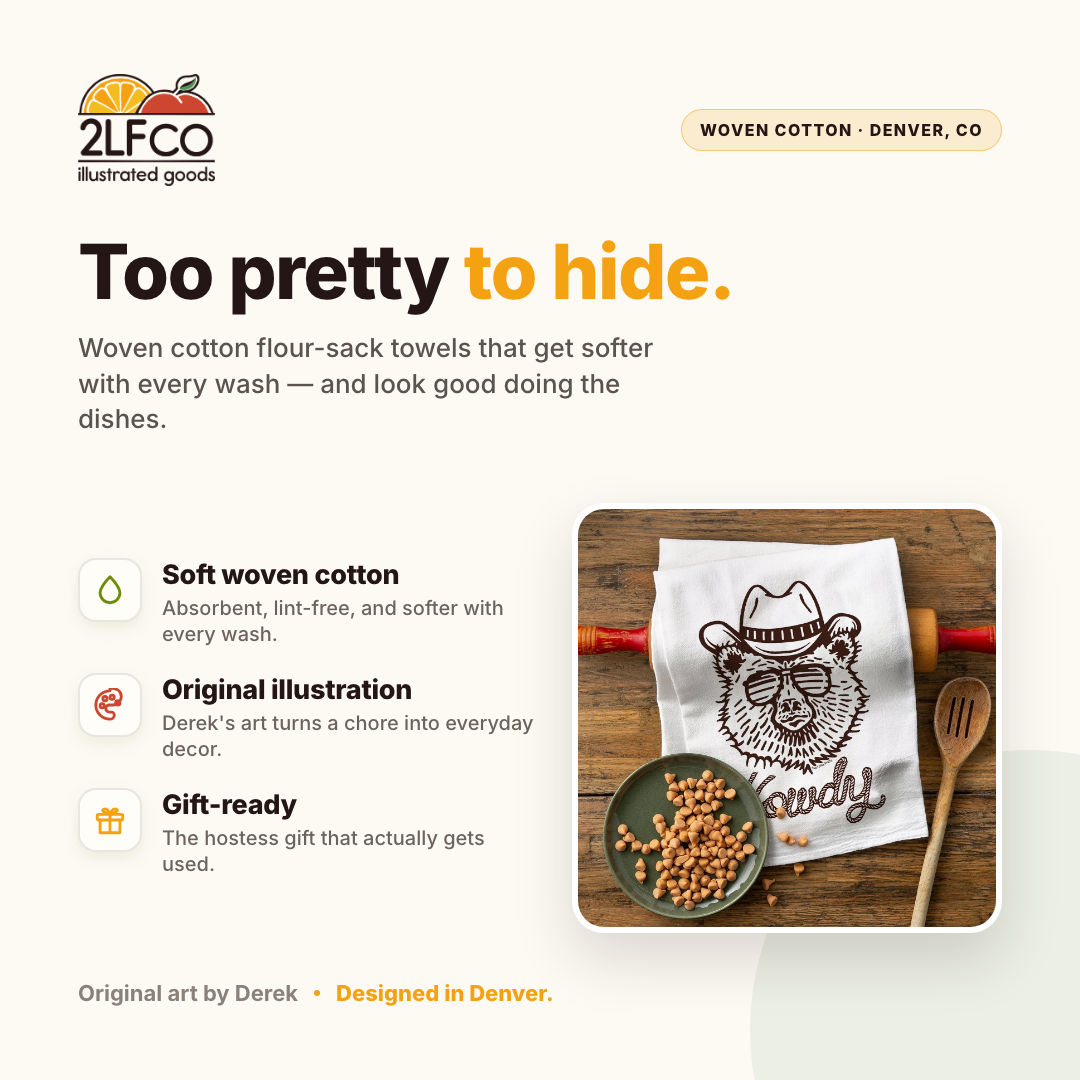 Howdy Bear Cowboy Tea Towel — illustrated by Two Little Fruits, made in Denver