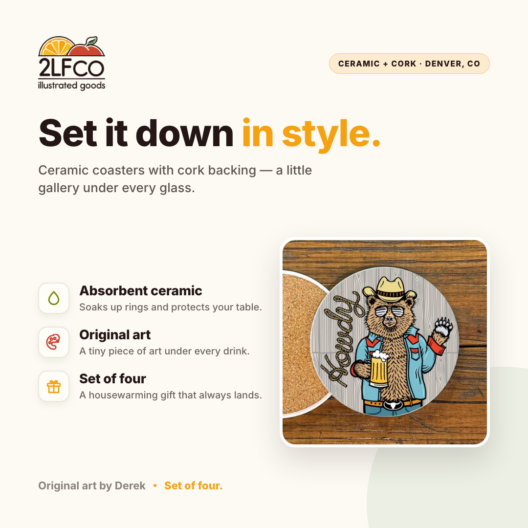 Howdy Bear Cowboy Ceramic Coaster — illustrated by Two Little Fruits, made in Denver