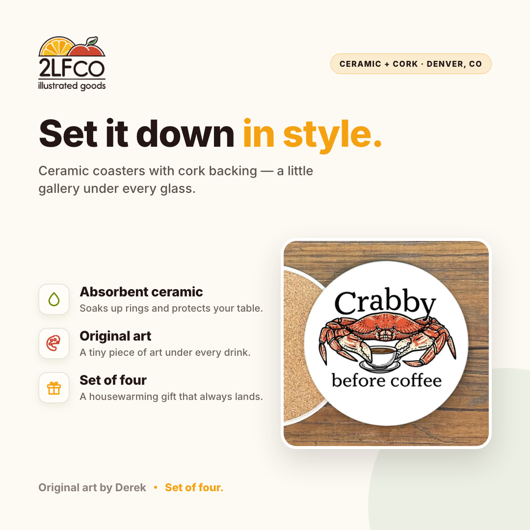 Crab Design Coaster — illustrated by Two Little Fruits, made in Denver