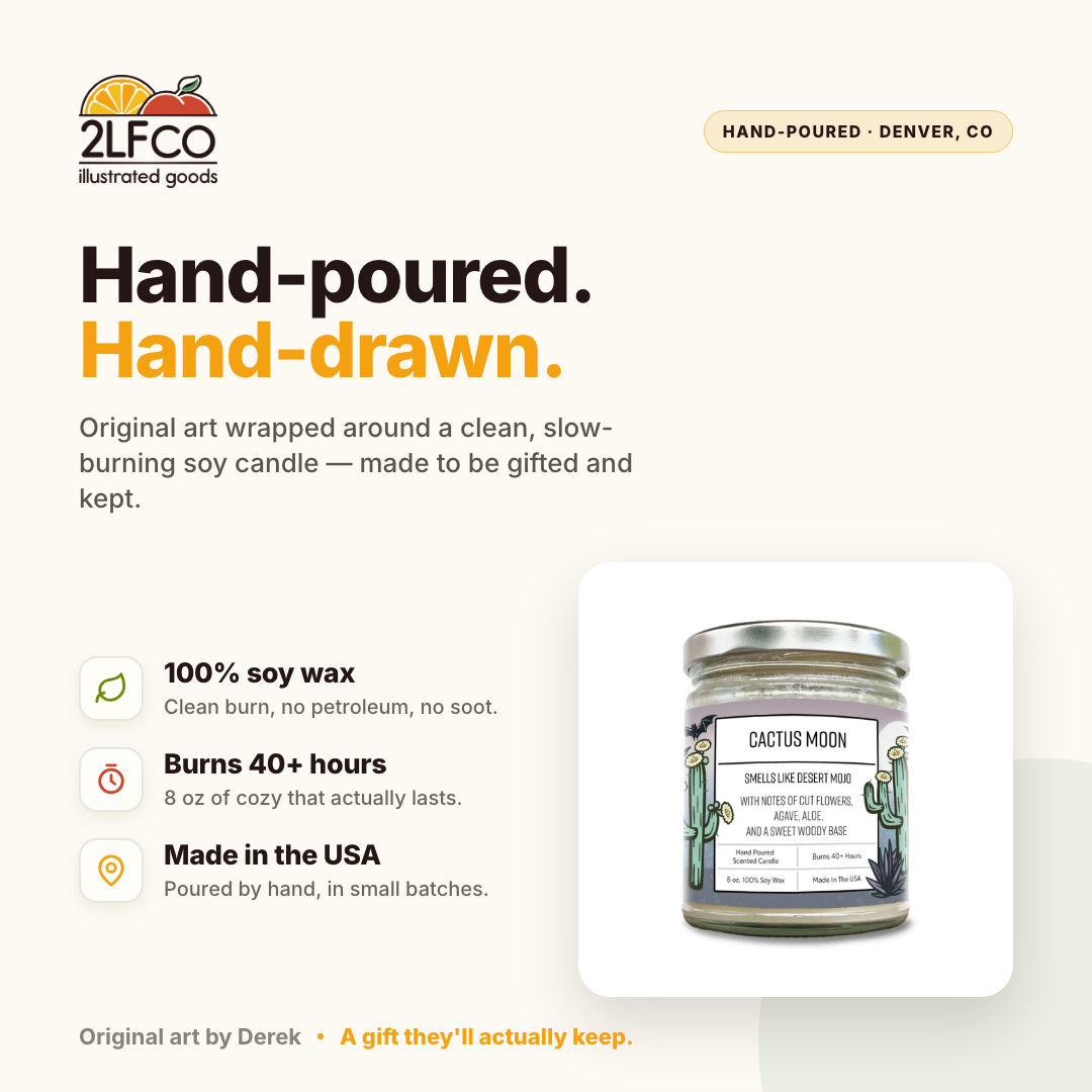 Cactus Moon Soy Candle — Cut Flowers, Agave & Aloe — illustrated by Two Little Fruits, made in Denver
