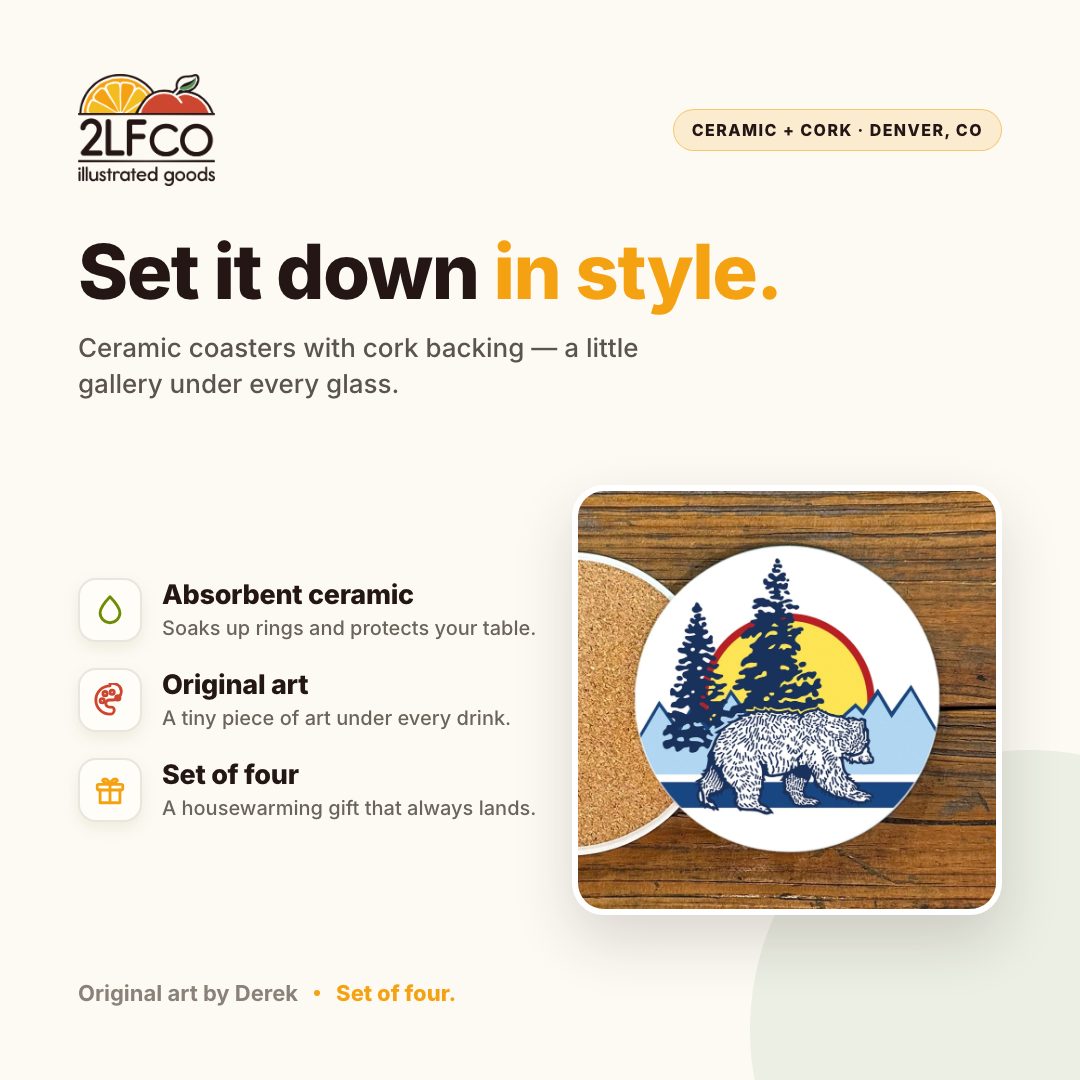 Bear Ceramic Coaster — illustrated by Two Little Fruits, made in Denver