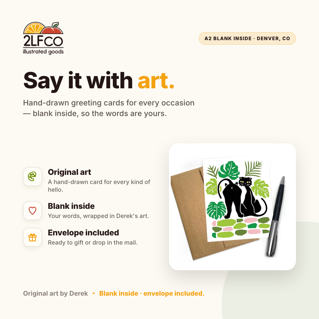 Cat & Monstera Greeting Card — illustrated by Two Little Fruits, made in Denver